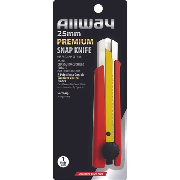 25mm Allway SK25T Red/Black K-Series Premium Wheel Lock Titanium-Coated Snap Knife with 7-Point Snap-Off Blade
