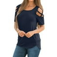 thumbnail image 2 of MIXUE Womens Tops Summer Solid Color Off Shoulder Hollow Out Short Sleeve Loose Casual Shirts For Women Tshirts Outwear,Blue,M, 2 of 9