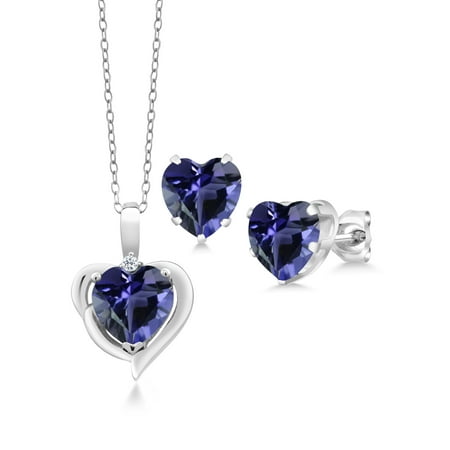 Iolite Pendant Set - 3.77 Ct Heart Shape Blue Iolite White Topaz 925 Silver Pendant Earrings Set
