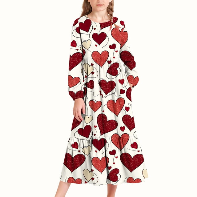 EGNMCR Robe à Manches Longues Imprimée pour Enfants avec Poches Latérales, Jupe Longue pour Fille, Robe en Polyester