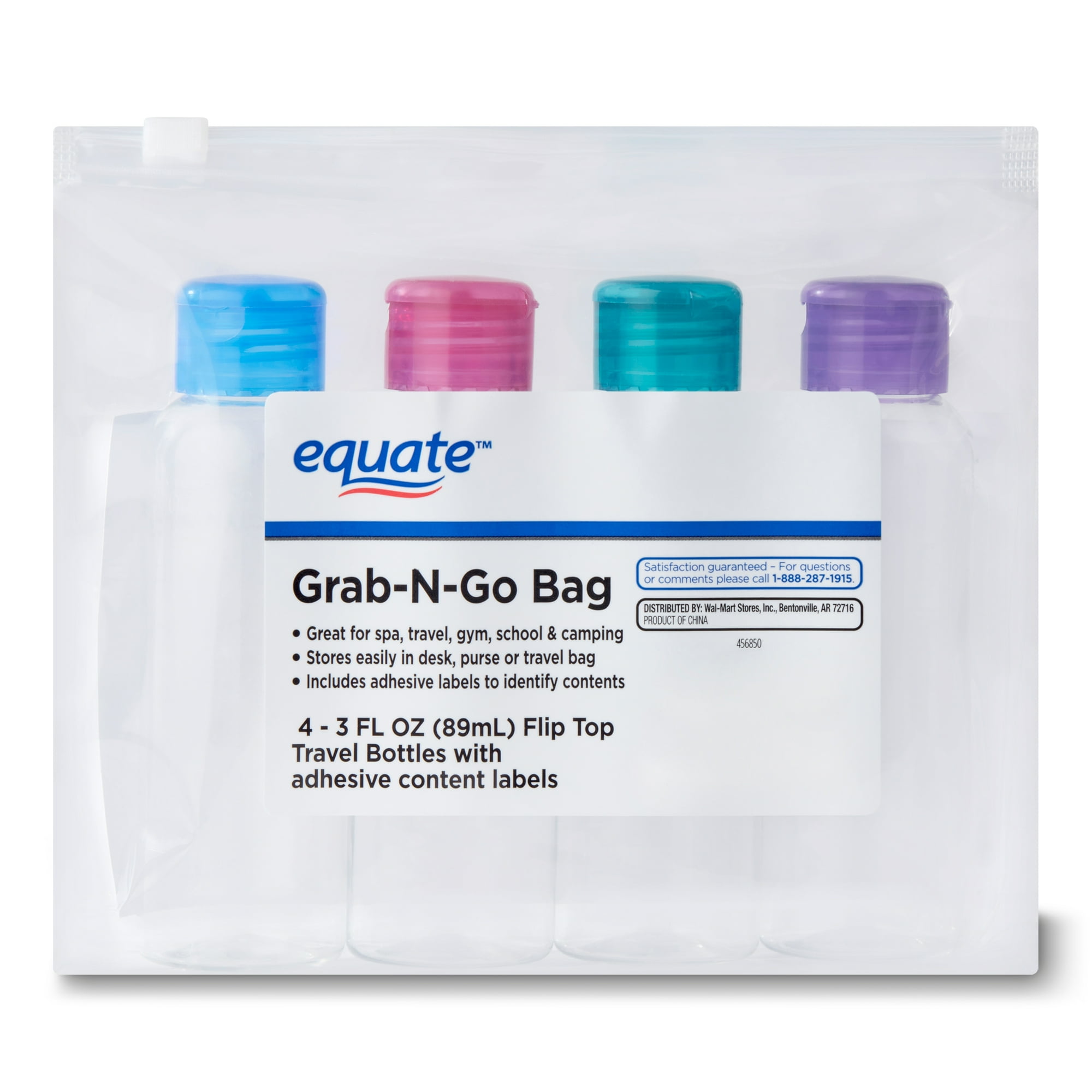 Equate Grab-N-Go Refillable Travel Bottles for Toiletries, Color May Vary, 3 fl oz, 4 Count