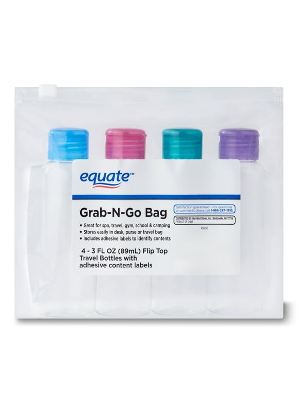Equate Grab-N-Go 3 fl. oz. Flip Top Plastic Travel Bottles, 4 Pack