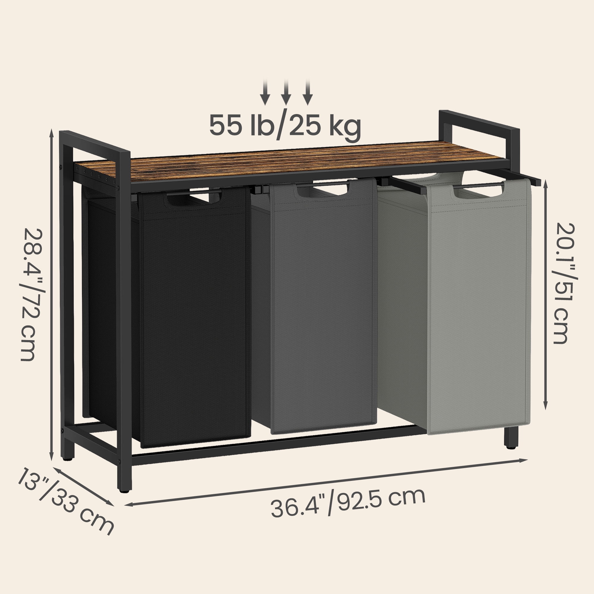 Ledrem 3-Bag Laundry Sorter Hamper with Pull-Out Bags and Shelf, Tricolor and Rustic Brown