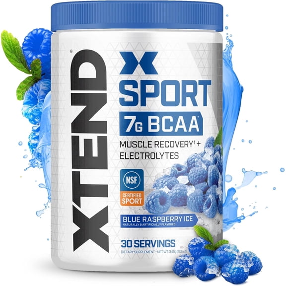 XTEND Sport BCAA Powder, Sugar Free Post Workout Muscle Recovery Drink with Amino Acids and 7g BCAAs, Blue Raspberry Ice Flavor, 30 Servings