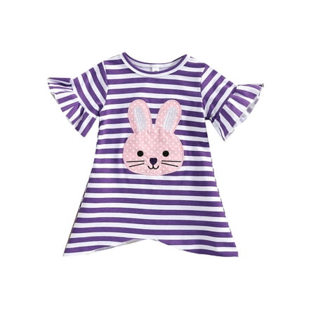 

Baby Girls Summer Dress Striped Bunny Printed Ruffle Short Sleeve Dress Easter One-Piece Sundress Purple 5-6 Years