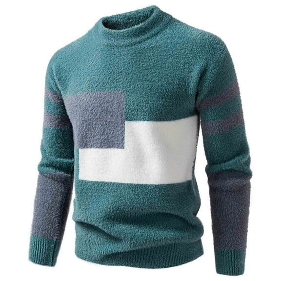 PNTUTB Mens Fashion Color Blocking Knit Sweaters Casual Long Sleeve Stand Collar Warm Pullover Sweater