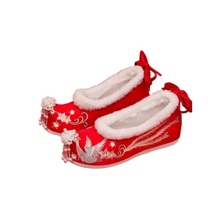 

Ritualay Women Bridal Shoe Embroideried Flats Chinese Style Hanfu Shoes Warm Plush Red Wedding Traditional Red Low Heel Plush Lined 7.5