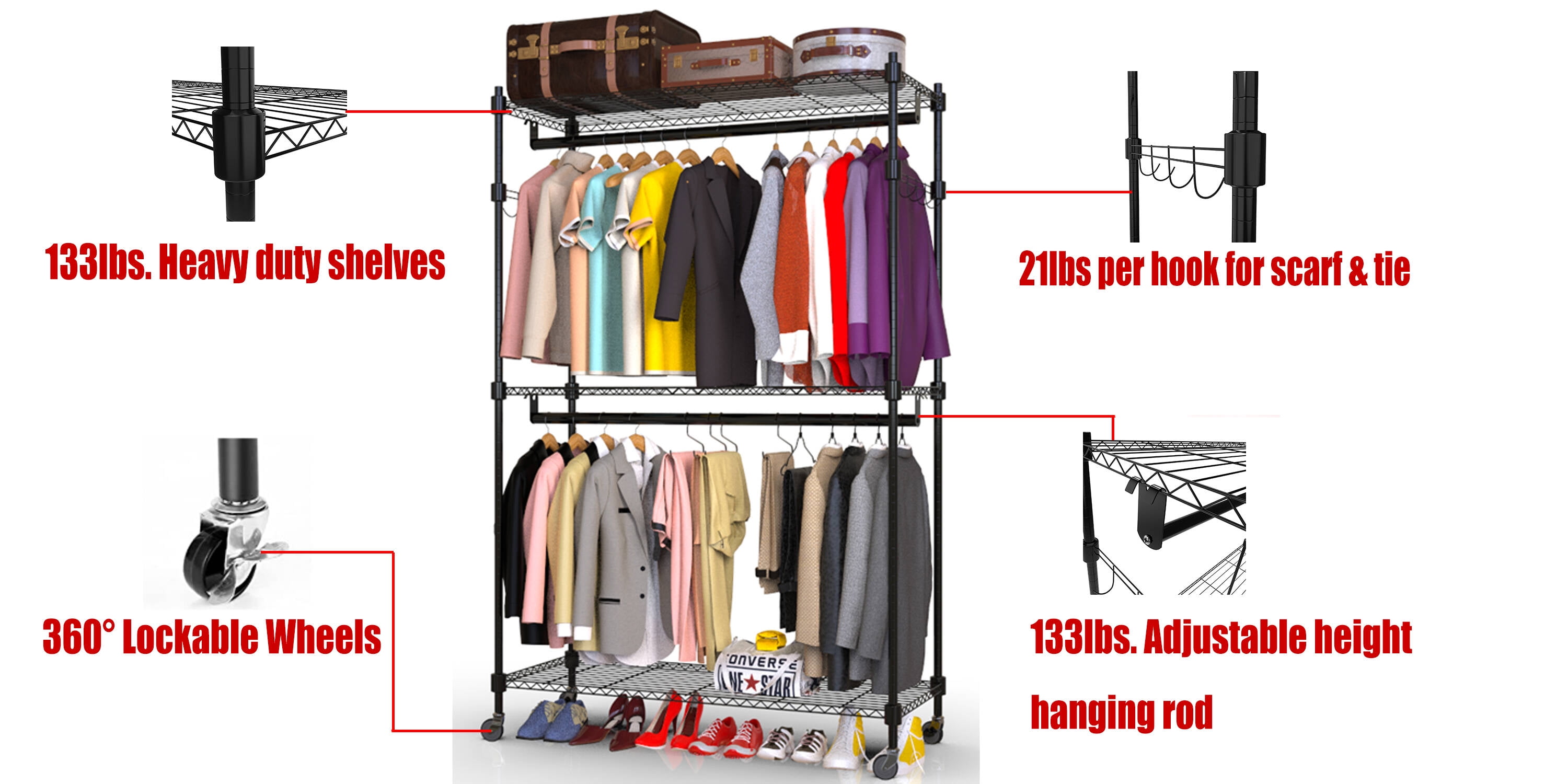 3 Tiers Closet Organizer Rolling Clothes Rack 46.8''x17.6''x80 '' Wire  Garment Portable Clothing Hanger Home Shelf, Black