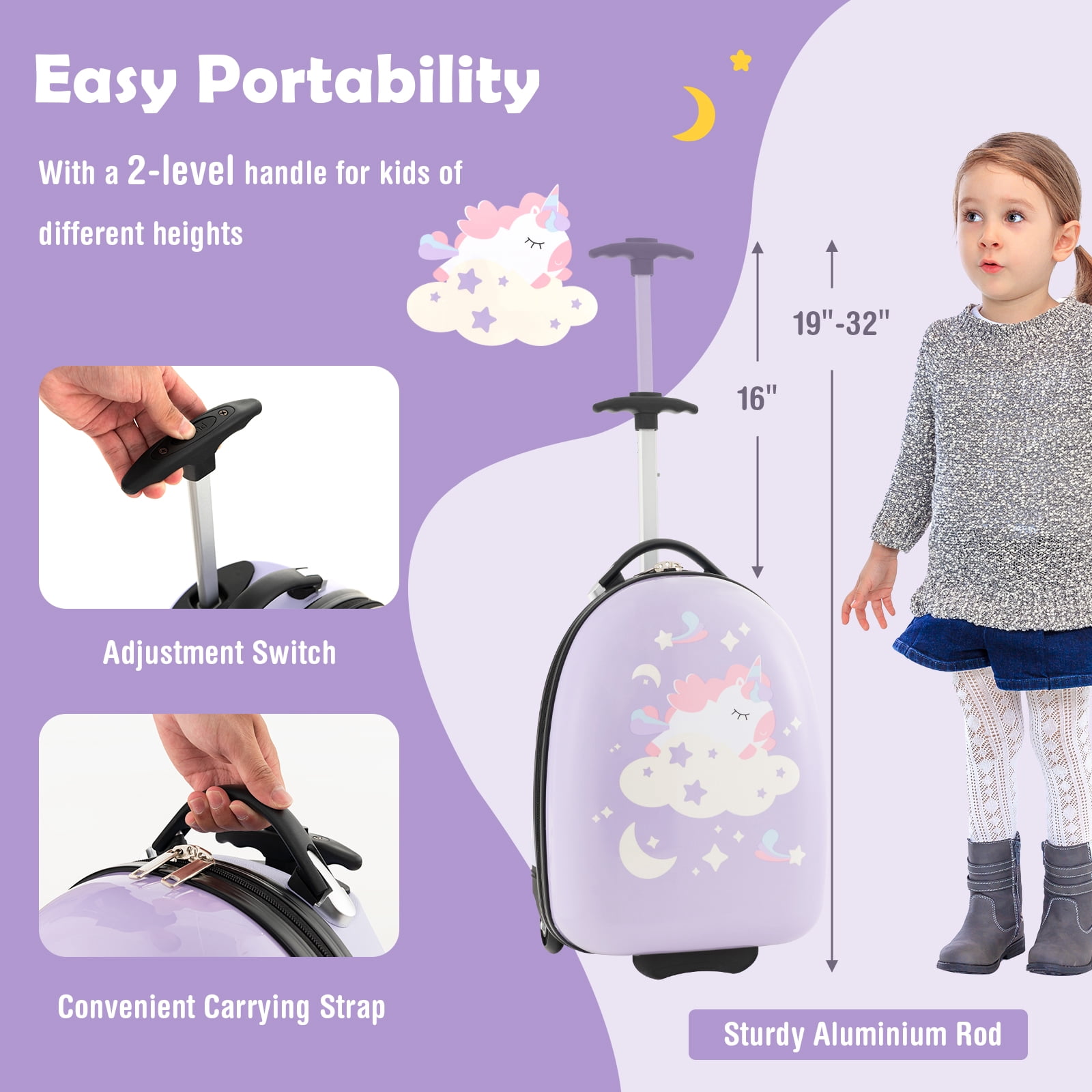 Infans 16" Kids Carry-On Luggage with Wheels w/ 2-Level Aluminum Handle Suitcase Purple