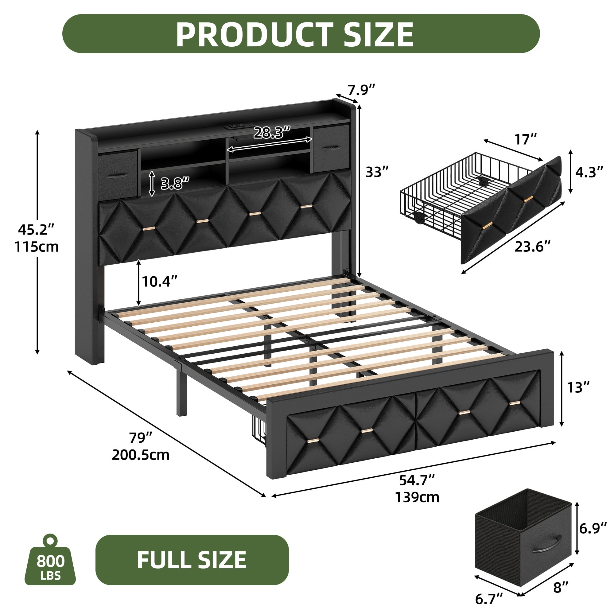 Uforic Full Size Bed Frame with Storage & Power Outlets, PU Leather Bed Frame with LED Lights, Black