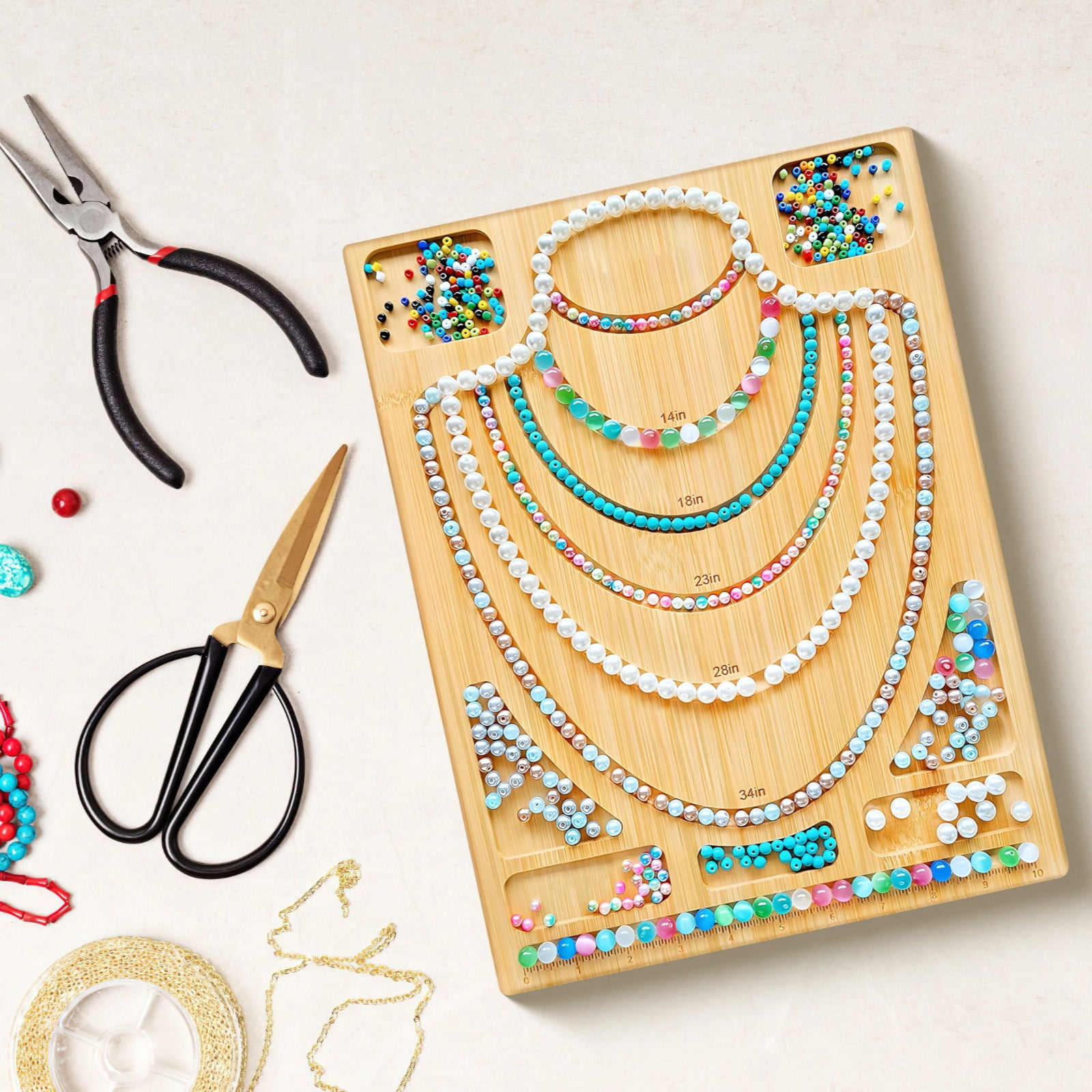 Wooden Bead Board for Jewelry Making, Necklace Beading Tray with Measurement Guides, DIY Wood Beading Board for Bracelet Necklace