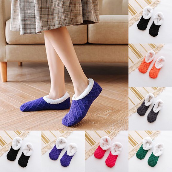 YVNAURA Non Slip Floor Socks for Women Coral Fleece Warm Plush Knitted Slipper Socks with Grippers Fuzzy Thick Winter Home Socks for Bed Sleeping Lounge One Size, Blue,One Size