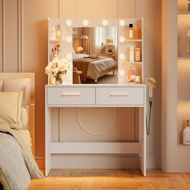 Furmax Makeup Vanity Desk with 3 Modes Adjustable Lights and Mirror Vanity Table with Shelves and Drawers, White