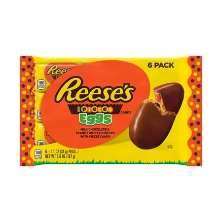 REESES, STUFFED WITH PIECES Milk Chocolate Peanut Butter Eggs Candy, Easter, 1.1 oz, Packs (6 Count)