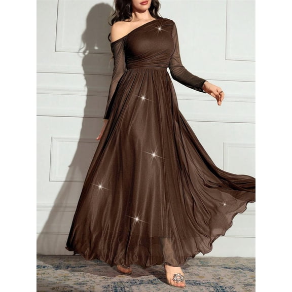 Coffee Brown One Shoulder Long Sleeve Sparkly Flowy Maxi Dress For Women