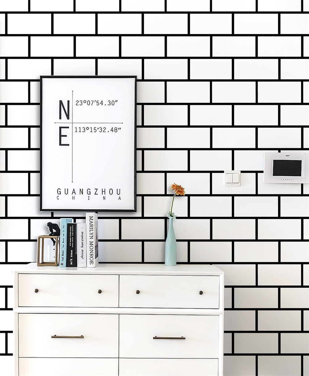 White Brick Wallpaper, Removable Peel and Stick Black and White Trellis Wallpaper for Room Décor, 17.7” x 9.8ft