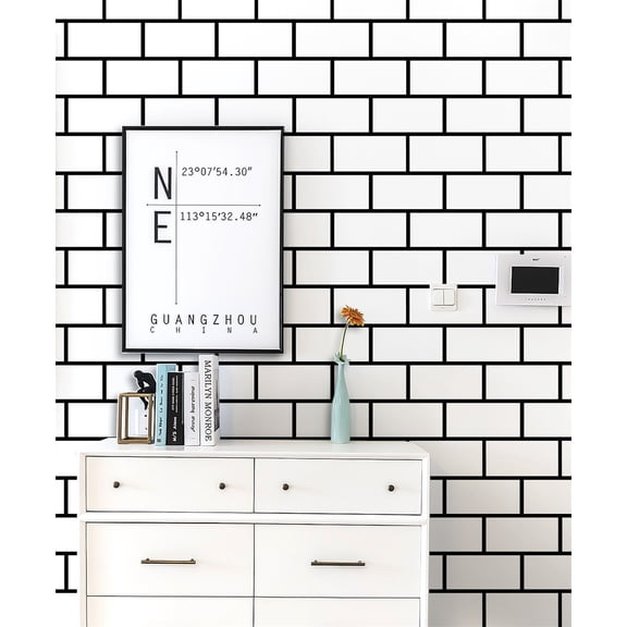 White Brick Wallpaper, Removable Peel and Stick Black and White Trellis Wallpaper for Room Décor, 17.7” x 9.8ft