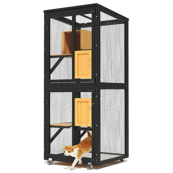 Catio Outdoor Cat Enclosure, 4 Tier Indoor Catio with 4 Wheels, Platforms and Resting Box, Cat Cage with Waterproof Roof, Feral Pet Shelter with Easy Clean PVC Layer, Black