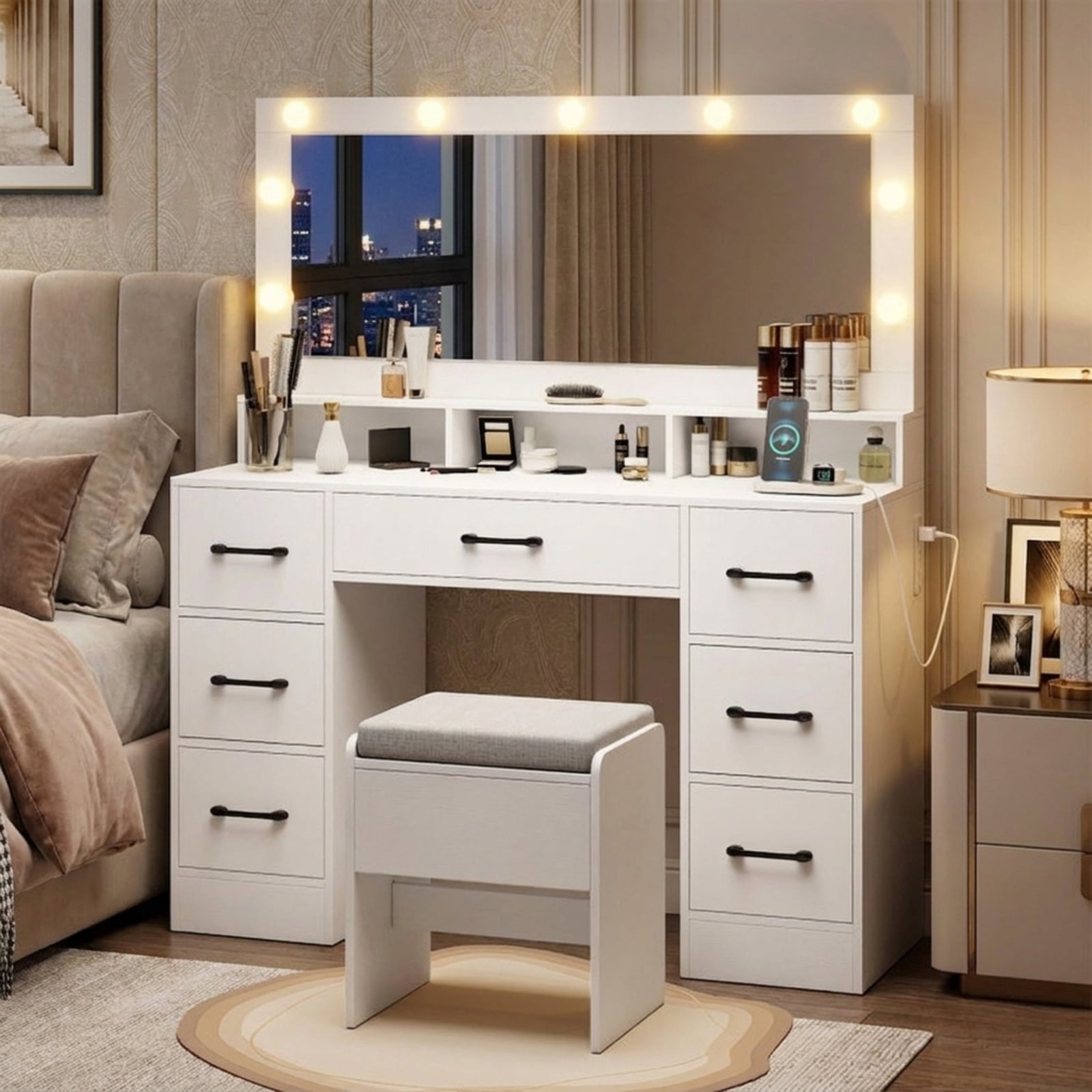 Furnibear Vanity Desk with Mirror and Lights and Cushioned Stool and Power Outlets USB Ports for Bedroom Makeup Room, White