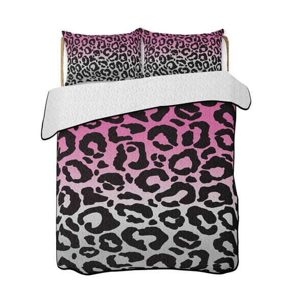 Pink Gray Ombre Leopard Summer Quilt Set King Size,Soft Quilted Bedding Set with 2 Pillow Shams,Modern Abstract Art Aesthetics Lightweight All Season Bedspread Coverlet for Bedroom 96"x106"