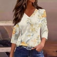thumbnail image 3 of JoveMarine Women's V-Neck 3/4 Sleeve Floral Print Top Casual Blouse with Slit Hem Spring Fall Fashion Tunic for Daily Wear Weekend Beige L, 3 of 6