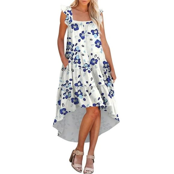 Womens Casual Summer Dresses Ruffle Sleeve Floral Print Bohemian Midi Dress Loose Flowy Tiered Cute Beach Sundress
