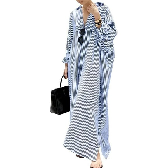 ZANKLEY Womens Casual Long Sleeve Button Down Loose Striped Cotton Maxi Shirt Dress