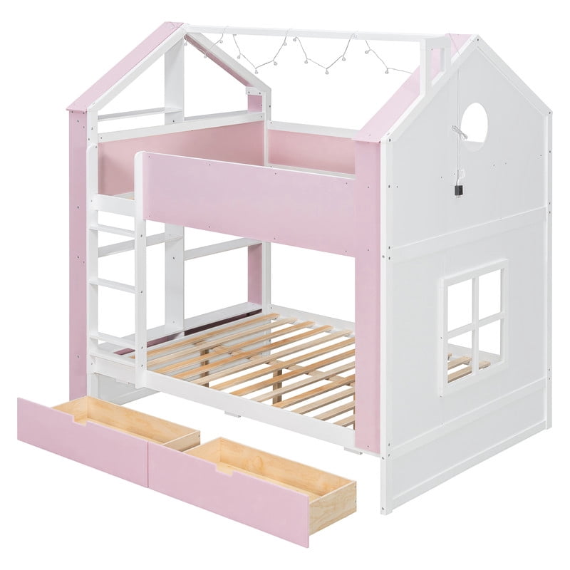 Full Over Full Bunk Bed with Storage Drawers and Shelves, Modern Two-Tone Wood Bunk Bed with LED Light Strip, Safety Guardrails and Ladder, Space-Saving Bed Frame for Kids, Teens