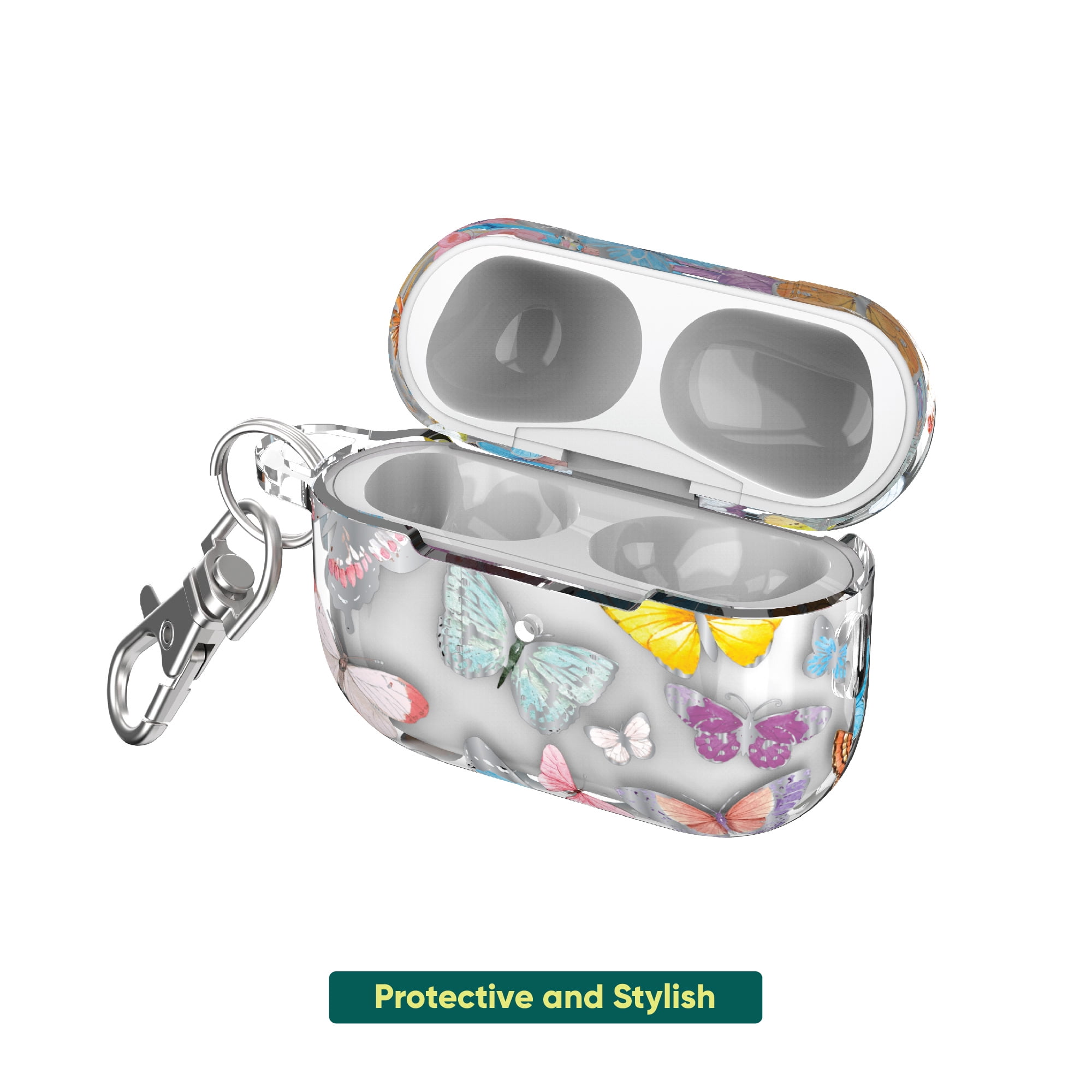onn. Charging Case Cover with Keychain Clip for Apple AirPods Pro (1st, 2nd generation) - Multicolored Butterflies