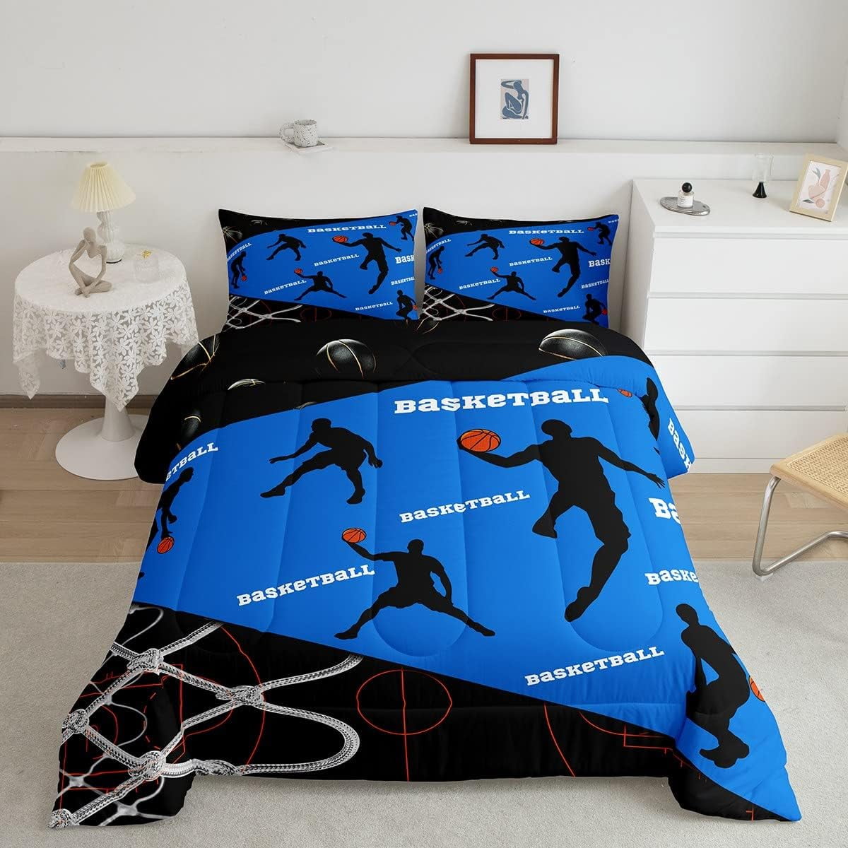 Basketball Comforter Set Queen Sports Comforter Sets for Boys Blue and