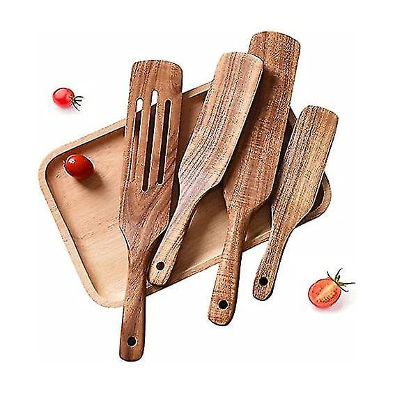 Juego de 4 espátulas de madera con orificio para colgar y utensilios de cocina (sin bandeja)