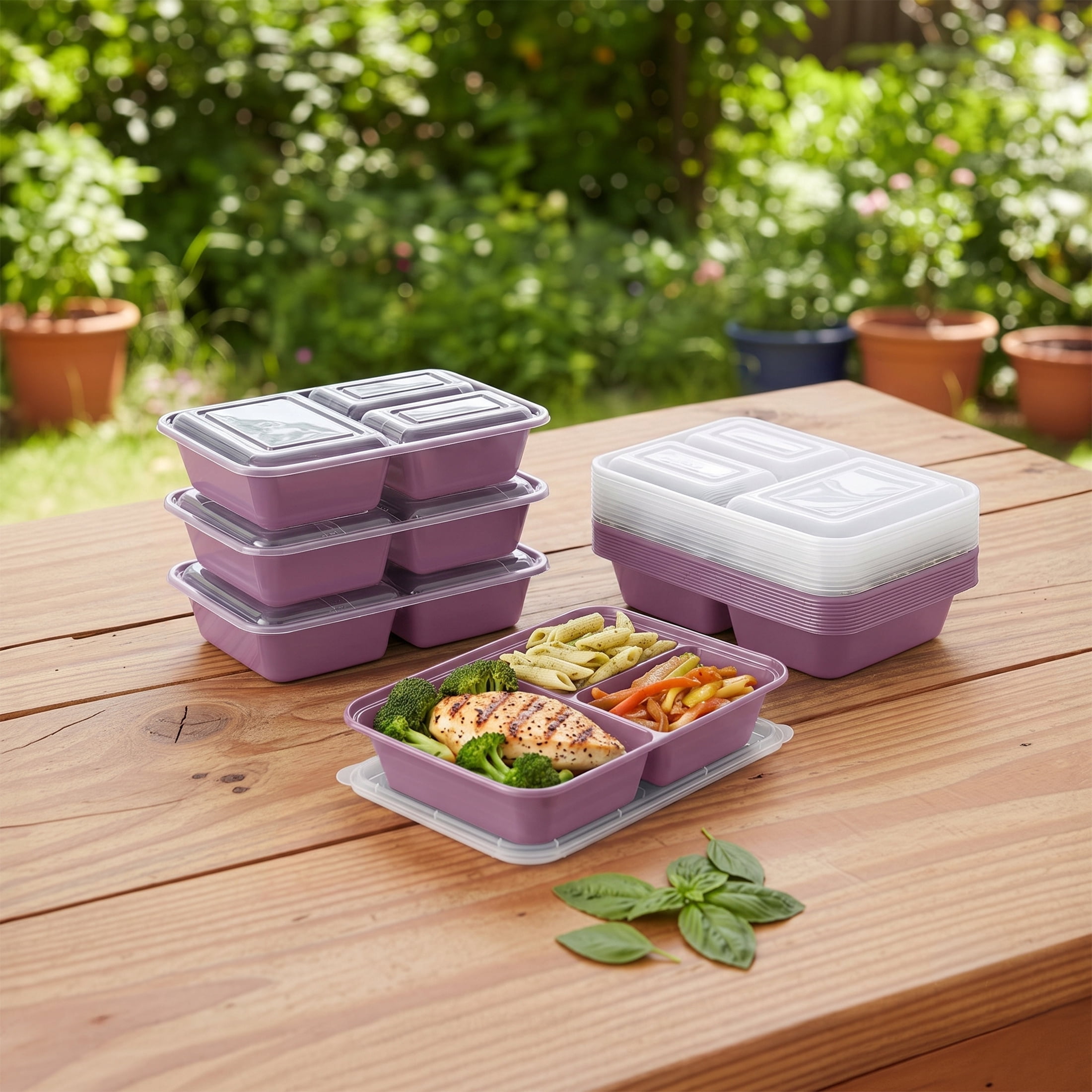 Mainstays 5-Pack 3-Compartment BPA-Free Plastic Meal Prep Food Storage Containers, 1.2L, Lilac Bloom