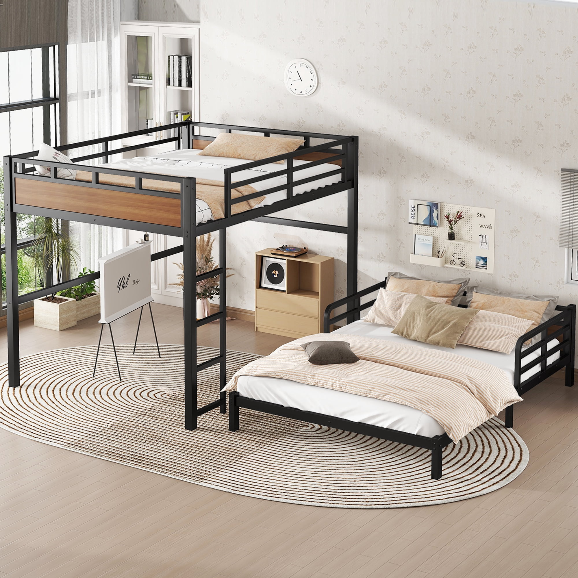Mintazer Queen Over Queen Metal Bunk Bed, Convertible to 2 Separate Beds, Separable Bunk Bed Frame with Guardrails for Teens Adults, Black & Brown