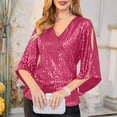 thumbnail image 4 of Mikilon Women's Sequin Tops 3/4 Sleeve Solid Color Party Blouse V-Neck Dressy Tops for Evening Party, 4 of 8