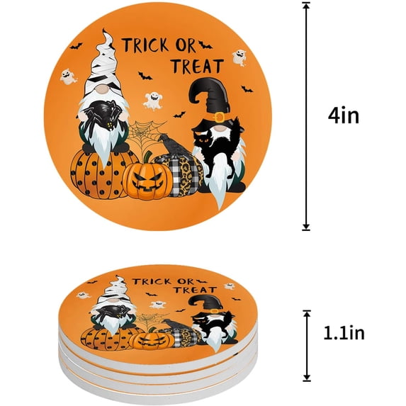 FMSHPON Halloween Gnome and Pumpkin Bat and Ghost Orange Set of 4 Round Coaster for Drinks, Absorbent Ceramic Stone Coasters Cup Mat with Cork Base for Home Kitchen Room Coffee Table Bar Decor