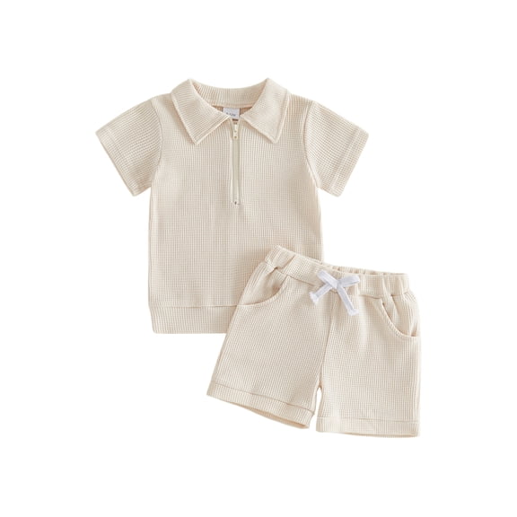 BemeyourBBs Toddler Baby Boy Summer Clothes Infant Baby Boys Summer 2 Piece Outfits 6 12 18 24 Months 2 3 4 Years Waffled Short Sleeve Lapel Collar Half Zip Shirt Tops and Shorts 2Pcs Set