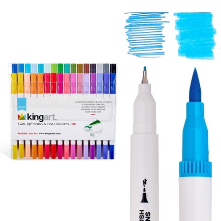 KINGART&reg; STUDIO Twin-Tip&trade; Brush & Fine line Pens (414-32) Carrying Case Set of 32 Unique Bright Colors Double Sided for Journaling Lettering Kids and Adult Coloring Books and More