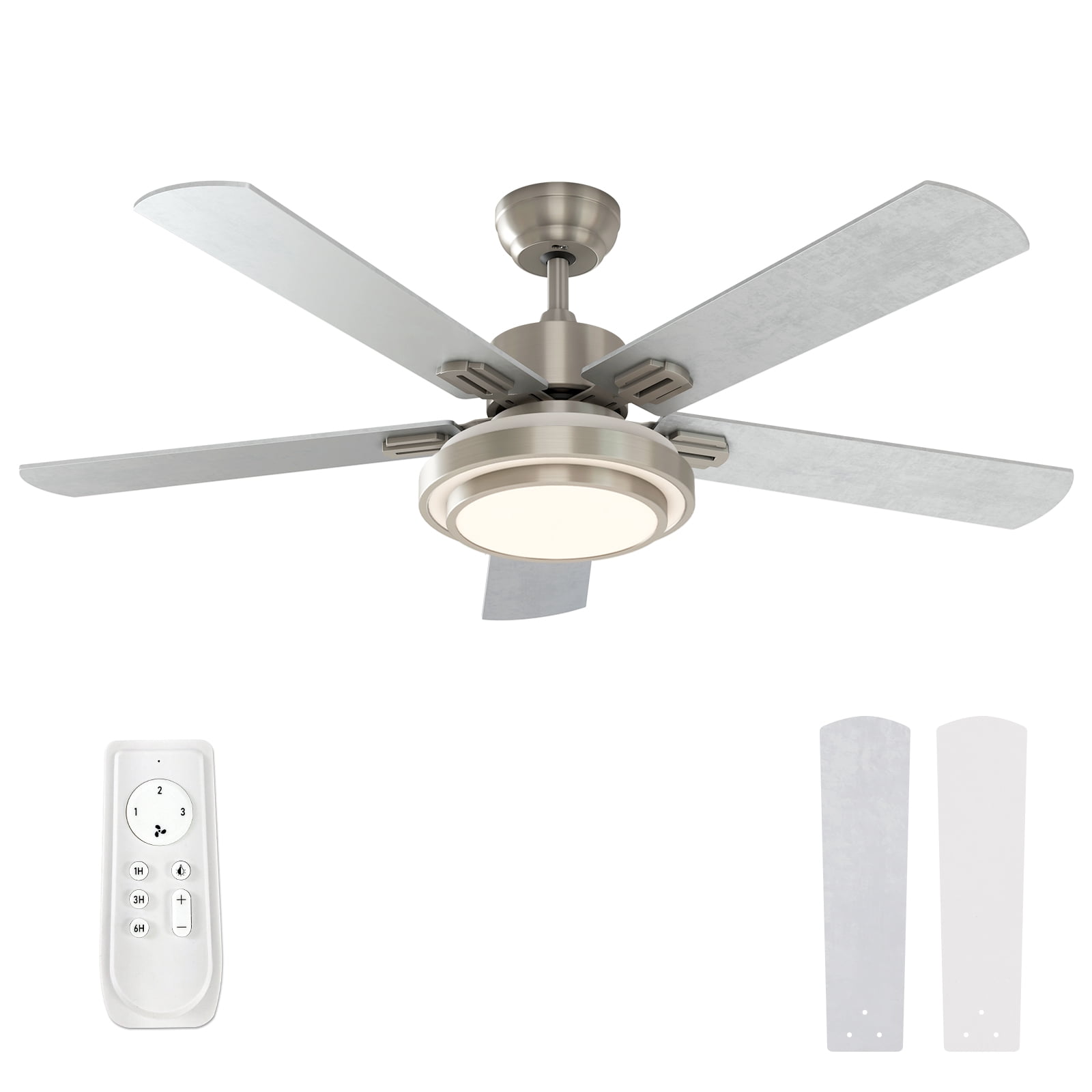 Warmiplanet 52" Modern Ceiling Fan with Light & Remote, Brush Nickel, Dual-Color Blades, 3 Speeds, 3-Color Light, Reversible, Timer