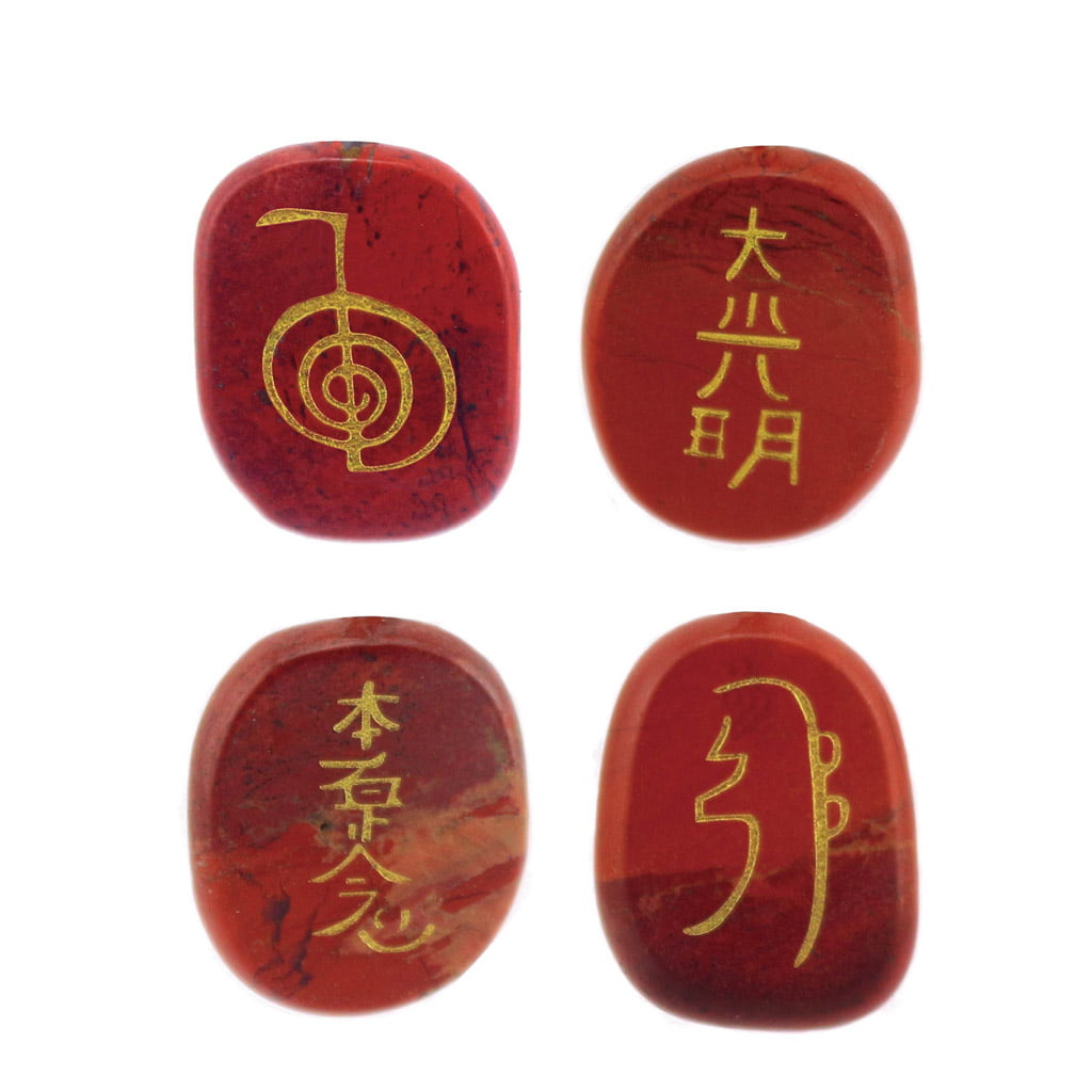 4pcs Engraved Red Jasper Reiki Chakra Gemestone Palm Stones  Crystals 