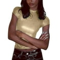 thumbnail image 1 of Prolriy Hauts d'Été pour Femmes 2025 T-Shirt à Manches Courtes Col Rond Métallique Brillant Réfléchissant Couleur Unie Or S, 1 of 8