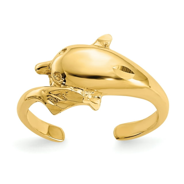 14K Yellow Gold Polished and Diamond Cut Dolphin Toe Ring