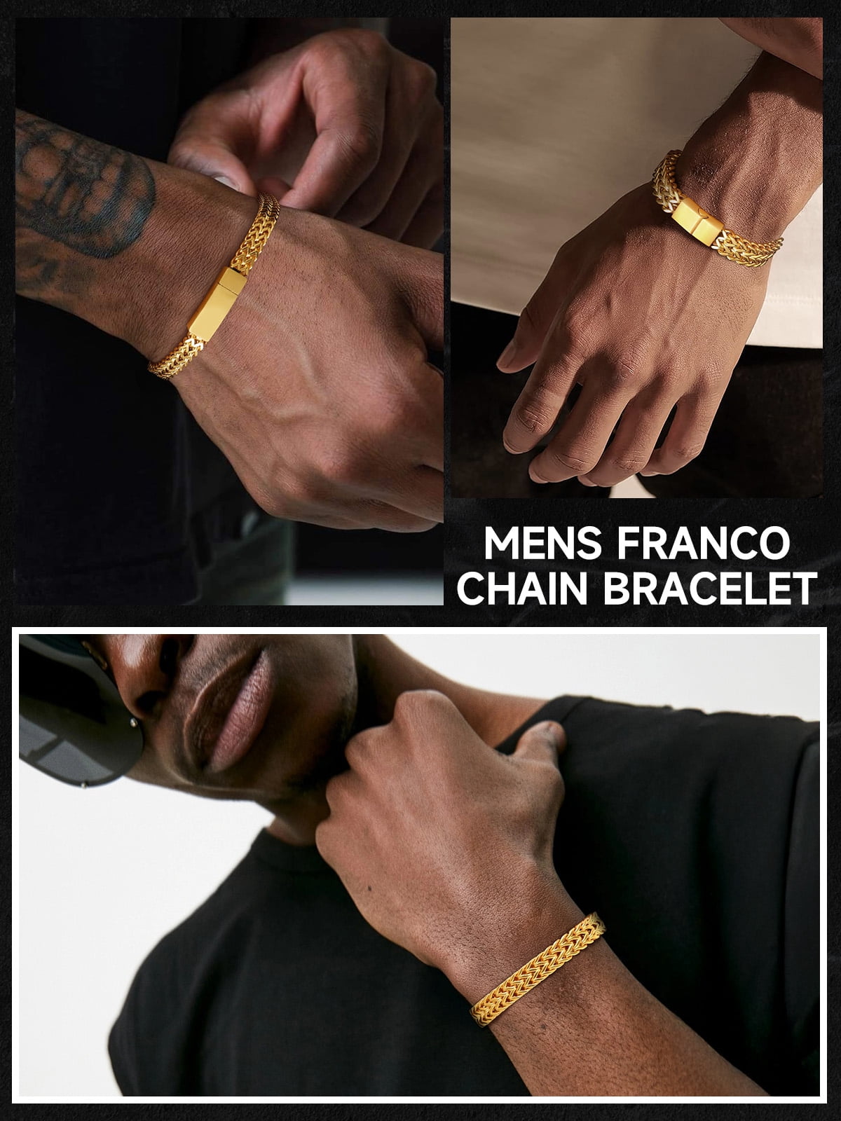ChainsHouse 14K Gold Plated Chain Bracelets for Men, 12mm Wide Stainless Steel Wrist Band Non Tarnish Jewelry Gifts for Husband Dad Father's Day, 8.3inch
