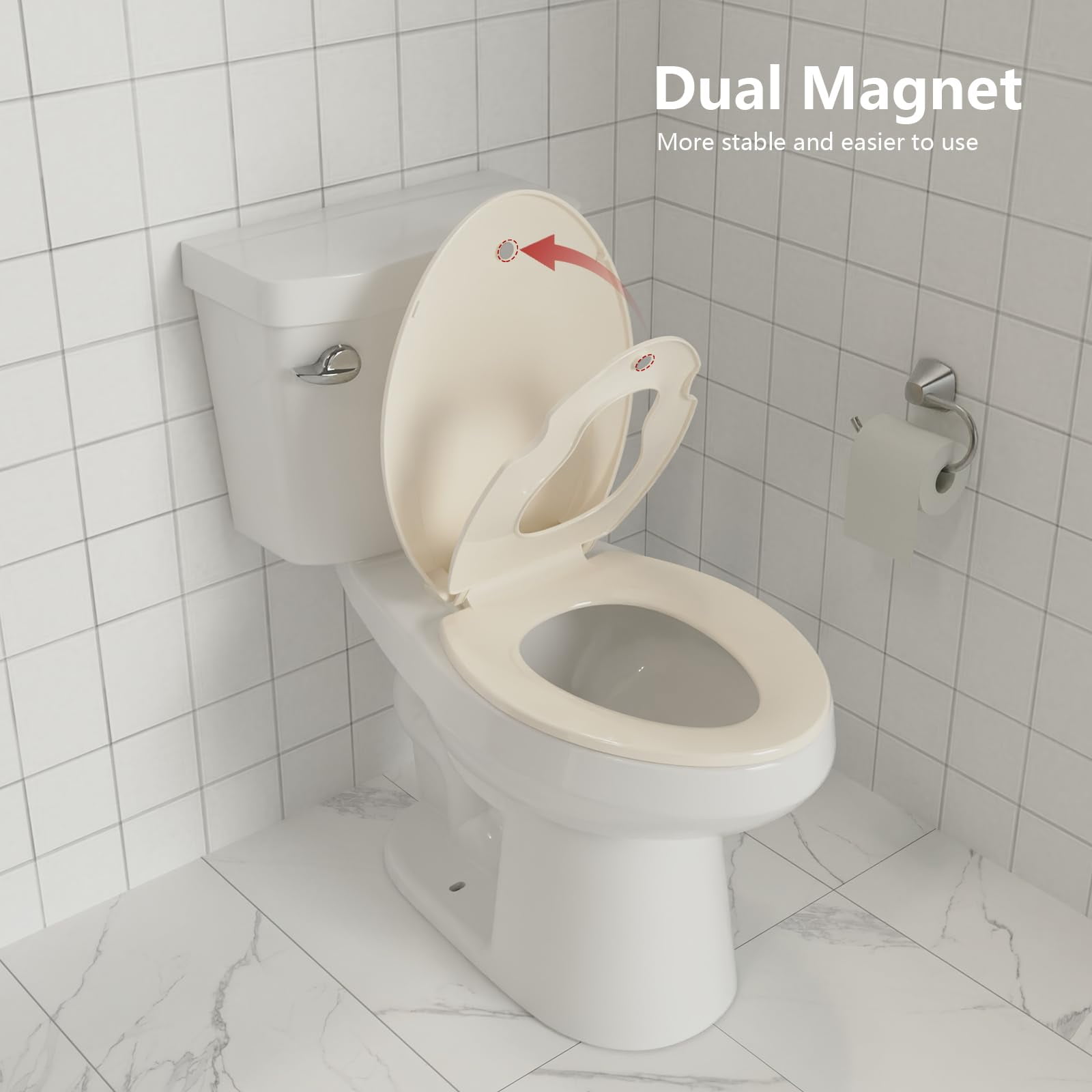 Elongated Toilet Seat with Built In Potty Training Seat, Slow Close Family Toilet Seat with Cover for Adults and Toddlers, Easy to Clean and Stain-Resistant, Almond