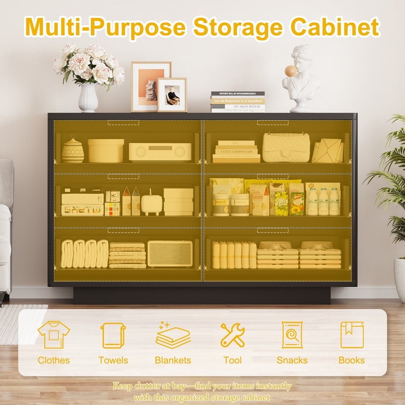 Fluted 6 Drawer Dresser for Bedroom, Wide Modern Chest of Drawers with Metal Handle, Curved Profile Design, Wood Closet Clothes Storage Organizer for Bedroom, Living Room, Hallway(Black)
