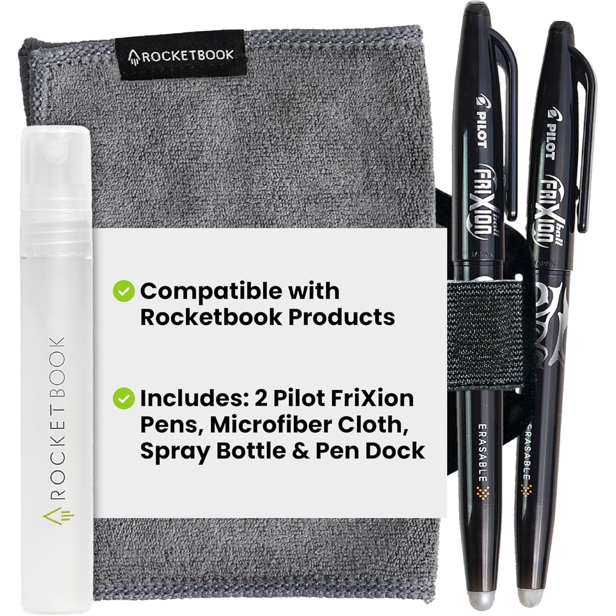 Rocketbook Reusable Notebook and Planner Accessory Kit with 2 Black FriXion Gel Pens Microfiber Cleaning Cloth Spray Bottle and Pen Dock Replacement Writing and Erasing Supplies