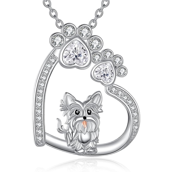 Dog Necklace Sterling Silver Puppy Paw Print Heart Necklace Yorkie Animal Jewelry for Women Mom