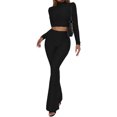 thumbnail image 4 of VISgogo, traje de 2 uds con pantalones para mujer, Tops cortos de cuello alto de manga larga de Color liso, pantalones acampanados largos de tiro alto, ropa de primavera/otoño para mujer VISgogo  moda, 4 of 9