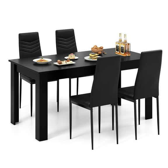 Gymax Modern Rectangular Kitchen Table Set w/ 4 PVC Leather Dining Chairs Black