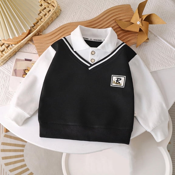 SGFCWSX Boys Polo Collar V-Neck Vest Top Fake Two-Piece Shirts Long Sleeve School Casual Daily Outfits Black Size 2-3 Years