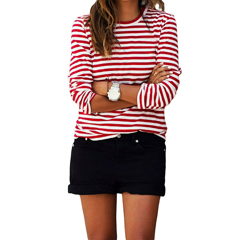 TSEXIEFOOFU Women Red White Striped Casual Tops Long Sleeve T